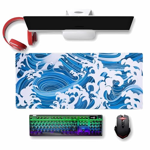 Blau-weißes Kontur-Mauspad XXL-Schreibtischunterlagen mit verlängerten Wellen Rutschfeste Basis für Tastatur-Gaming-MauspadGroßes wasserdichtes Büro-Mauspad(Size:35.4x15.7in) von Lylm
