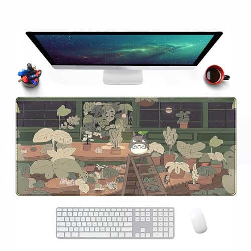 XXL Erweitertes Grünpflanzen-Mauspad Großes Cartoon-Gaming-Mauspad mit genähten Kanten Niedliche Totoro Schreibtischunterlagen Rutschfestes Gummi-Desktop-Mauspad(Size:35.4x15.7in) von Lylm