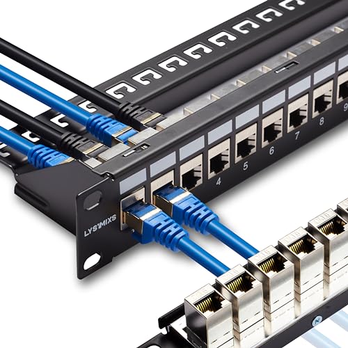 Lysymixs 24 Port RJ45 Patch Panel Cat6 STP Feed Through, Coupler Netzwerk Patch Panel 19 Zoll, Inline Keystone Ethernet Patch Panel mit Rückleiste von Lysymixs