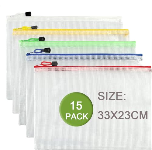 LznYi 15 Stück A4 Dokumententaschen mit Transparente Reißverschluss in 5 Farben - A4 Zipper-Beutel/Mesh-Beutel für effiziente Organisation von Dokumenten, Bürobedarf und Kosmetik von LznYi