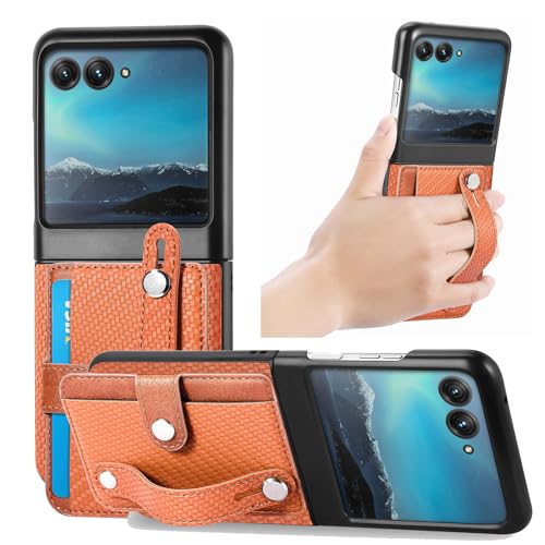 Lzzox Razr 60 Schutzhülle für Motorola Razr 60, Karbonfaser, Handschlaufe, Ständer, sturzsicher, Kartenfach, Brieftaschenhülle (Braun, Razr 60) von Lzzox