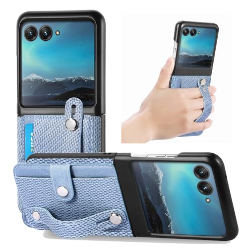 Lzzox Razr 60 Ultra Schutzhülle für Motorola Razr 60 Ultra, Karbonfaser, Handschlaufe, Ständer, sturzsicher, Kartenfach, Brieftaschenhülle (Blau, Razr 60 Ultra) von Lzzox