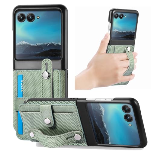 Lzzox Razr 60 Ultra Schutzhülle für Motorola Razr 60 Ultra, Karbonfaser, Handschlaufe, Ständer, sturzsicher, Kartenfach, Brieftaschenhülle (Grün, Razr 60 Ultra) von Lzzox