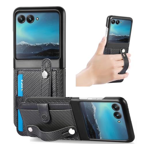 Lzzox Razr 60 Ultra Schutzhülle für Motorola Razr 60 Ultra, Karbonfaser, Handschlaufe, Ständer, sturzsicher, Kartenfach, Brieftaschenhülle (Schwarz, Razr 60 Ultra) von Lzzox