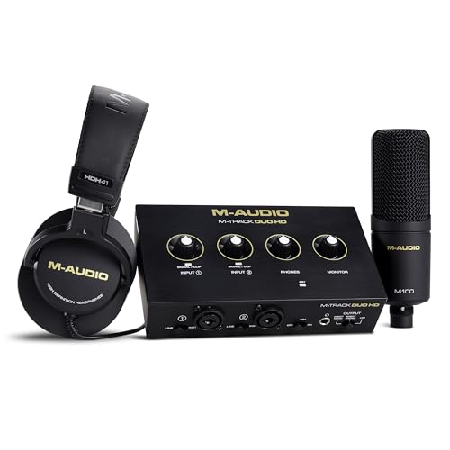 M-AUDIO M-Track Duo HD Audio Interface, M100 Kondensatormikrofon und HDH41 Studio Monitoring Kopfhörer für Aufnahmen, Produzenten, Content-Ersteller und Podcaster M-AUDIO M-Track Duo HD Audio Interface, M100 Kondensatormikrofon und HDH41 Studio Monitoring Kopfhörer für Aufnahmen, Produzenten, Content-Ersteller und Podcaster von M-Audio