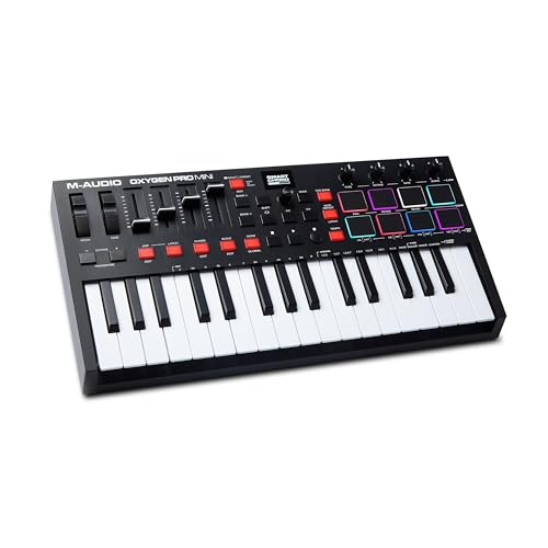 M-Audio Oxygen Pro Mini – 32-Tasten USB MIDI Keyboard Controller mit Beat Pads, MIDI-zuweisbaren Reglern, Tasten & Fadern, Softwarepaket inklusive von M-Audio