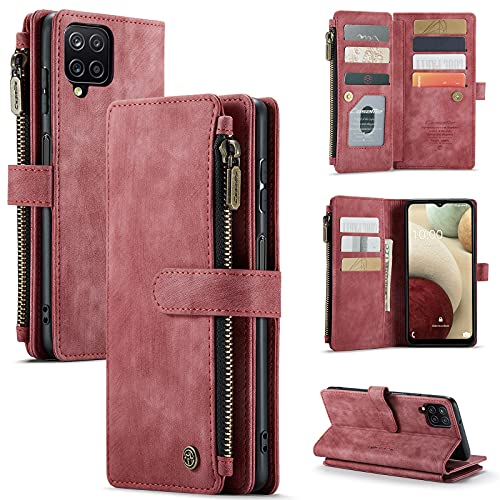 UEEBAI Handyhülle für Samsung Galaxy A12 5G, Retro Reißverschluss Hülle PU Leder Weich Klapphülle Magnetverschluss Kartenfach Standfunktion Geldbörse mit Trageband Hülle für Caseme - Wein Rot von M CASEME