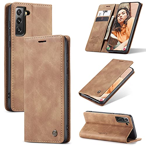 M CASEME UEEBAI Lederhülle für Samsung Galaxy S21 FE 5G, Retro Matte Handyhülle PU Lederhülle Weich TPU Klapphülle mit Kartenfach Standfunktion Magnetverschluss Flip Case Handytasche - Braun von M CASEME