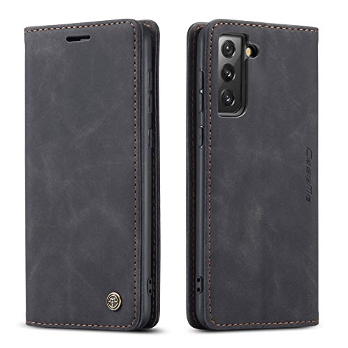 M CASEME UEEBAI Lederhülle für Samsung Galaxy S21 Plus, Retro Matte Handyhülle PU Lederhülle Weich TPU Klapphülle mit Kartenfach Standfunktion Magnetverschluss Flip Case Handytasche - Schwarz von M CASEME