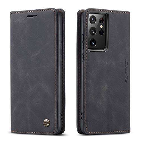 M CASEME UEEBAI Lederhülle für Samsung Galaxy S21 Ultra, Retro Matte Handyhülle PU Lederhülle Weich TPU Klapphülle mit Kartenfach Standfunktion Magnetverschluss Flip Case Handytasche - Schwarz von M CASEME