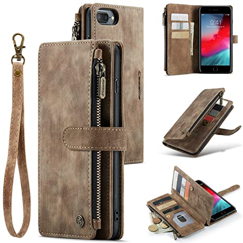 M CASEME UEEBAI Wallet Case für iPhone 7 Plus/iPhone 8 Plus, Premium Handmade PU Leder Handyhülle Kartenfächer Magnetverschluss Reißverschluss Tasche Kickstand Flip Case mit Handschlaufe,Vintage Braun von M CASEME