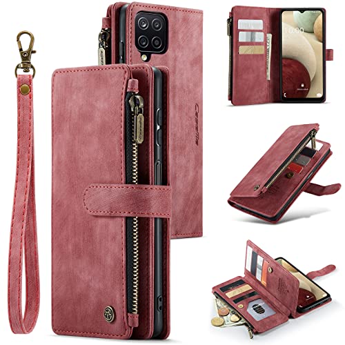 UEEBAI Brieftaschen-Schutzhülle für Samsung Galaxy A12 5G, handgefertigt, PU-Leder, Kartenfächer, Magnetverschluss, Reißverschlussfach, Ständer, Klapphülle mit Handschlaufe, Vintage-Rot von M CASEME