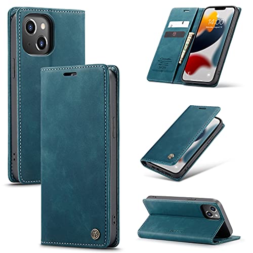 M CASEME UEEBAI Handyhülle für iPhone 13 6.1 Zoll, Retro Matte Handyhülle PU Fallschutz Lederhülle TPU Klapphülle mit Kartenfach Standfunktion Magnetverschluss Flip Case Handytasche - Blau von M CASEME