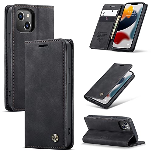 UEEBAI Handyhülle für iPhone 13 Mini 5.4 Zoll, Retro Matte Handyhülle PU Fallschutz Lederhülle Weich TPU Klapphülle mit Kartenfach Standfunktion Magnetverschluss Flip Case Handytasche - Schwarz von M CASEME