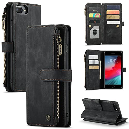 UEEBAI Handyhülle für iPhone 7 Plus iPhone 8 Plus, Retro Reißverschluss Hülle PU Leder Weich Klapphülle Magnetverschluss Kartenfach Standfunktion Geldbörse Schutzhülle - Schwarz von M CASEME