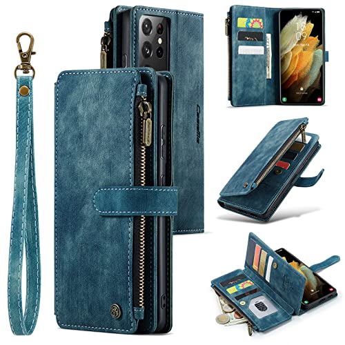 UEEBAI Schutzhülle für Samsung Galaxy S21 Ultra 5G, hochwertige, handgefertigte PU-Leder-Handyhülle, Kartenfächer, Magnetverschluss, Reißverschlusstasche, Klapphülle mit Handschlaufe, Vintage-Blau von M CASEME