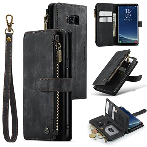 UEEBAI Wallet Case für Samsung Galaxy S8, Premium Handmade PU Leder Handyhülle Kartenfächer Magnetverschluss Reißverschlusstasche Kickstand Flip Case mit Handschlaufe - Vintage Schwarz von M CASEME