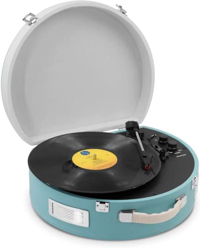 Plattenspieler mit Stereo eingebauten Lautsprechern, 3-Speed Vinyl Plattenspieler mit Kopfhörerbuchse/Aux Eingang/RCA Line Out (blau) von M MUSIC PUBLIC KINGDOM
