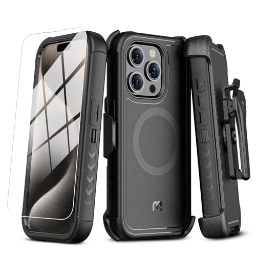 M MYBAT PRO Maverick Series Schutzhülle für iPhone 15 Pro, mit Gürtelclip, kompatibel mit Magsafe, mit Displayschutzfolie, sturzsicher, stoßfest, mit 360° drehbarem Ständer, robuster Schutz, Schwarz von M MYBAT PRO