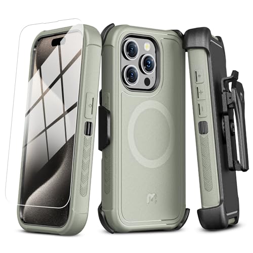 MYBAT PRO Maverick Series iPhone 15 Pro Max Hülle mit Gürtelclip Holster, mit Displayschutzfolie, sturzsicher, stoßfest, 360° drehbarer Ständer, robuster Schutz, natürliches Titan von M MYBAT PRO