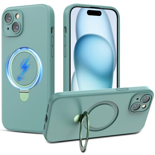 MYBAT PRO SleekFit Series iPhone 15 Hülle mit Ständer [kompatibel mit MagSafe] magnetische, weiche Flüssigsilikon-Handyhülle, Mikrofaserfutter, stoßfest, Fallschutz (nur iPhone 15 (6.1), Grün von M MYBAT PRO