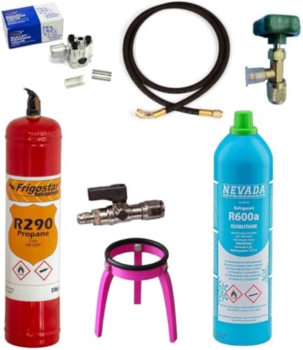 Reparatur-Set für Kühlschrank, Gefrierschrank und Trockner mit Flasche R600a 420 g, R290 370 g, Auslaufhahn 1/4 Zoll M, Schlauch mit Drucknadel, Lochventil für Kupferrohr Reparatur-Set für Kühlschrank, Gefrierschrank und Trockner mit Flasche R600a 420 g, R290 370 g, Auslaufhahn 1/4 Zoll M, Schlauch mit Drucknadel, Lochventil für Kupferrohr von M SHOP ITALIA