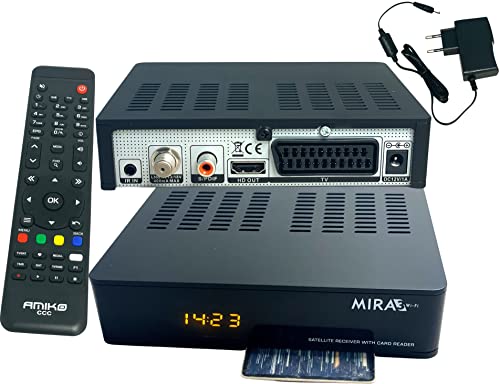Amiko MIRA3 HD Sat Receiver mit Aufnahmefunktion, Kartenslot, Timeshift, HDMI, PVR, USB, WiFi, AAC-LC, SCART, Coaxial - Sat Receiver HD für Satelliten, Sat Receiver mit 12V Netzteil + HDMI Kabel M@tec von M@TEC