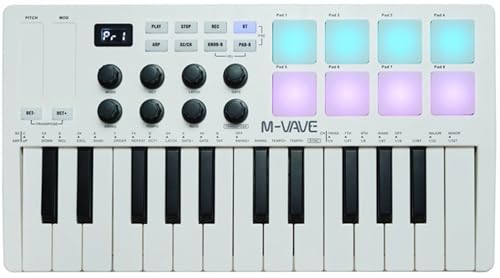 M-VAVE 25 Tasten 8 Backlit Drum Pads MIDI Keyboard - Professioneller Beat Maker und Keytar für Keyboard Musikproduktion Builtin Battery Wireless Connect Weiß von M-VAVE