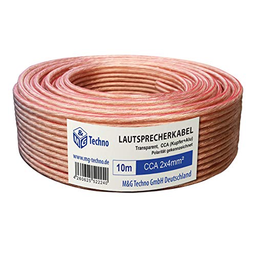 M&G Techno 10m Lautsprecherkabel (Single-Wire) 2 x 4mm² CCA (Kupfer+Alu) rund Transparent, mit Metermarkierung von M&G Techno