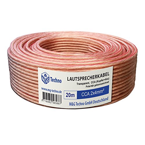 M&G Techno 20m Lautsprecherkabel (Single-Wire) 2 x 4mm² CCA (Kupfer+Alu) rund Transparent, mit Metermarkierung von M&G Techno