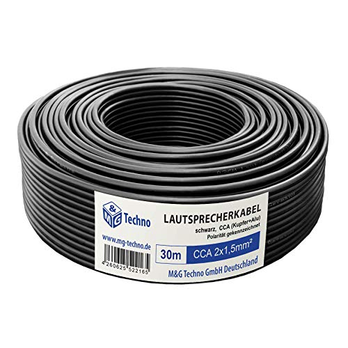 M&G Techno 30m Lautsprecherkabel (Single-Wire) 2 x 1,5mm² CCA (Kupfer+Alu) rund Schwarz, mit Metermarkierung von M&G Techno