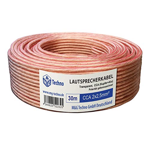 M&G Techno 30m Lautsprecherkabel (Single-Wire) 2 x 2,5mm² CCA (Kupfer+Alu) rund Transparent, mit Metermarkierung von M&G Techno
