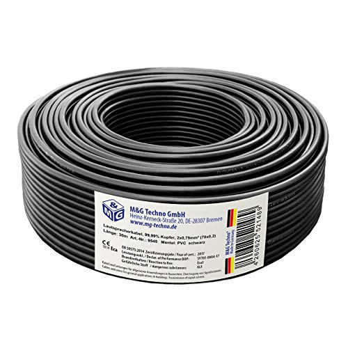 M&G Techno 30m Lautsprecherkabel (Single-Wire) 2x0,75mm² echtes Kupfer rund Schwarz, mit Metermarkierung. Made in Germany von M&G Techno