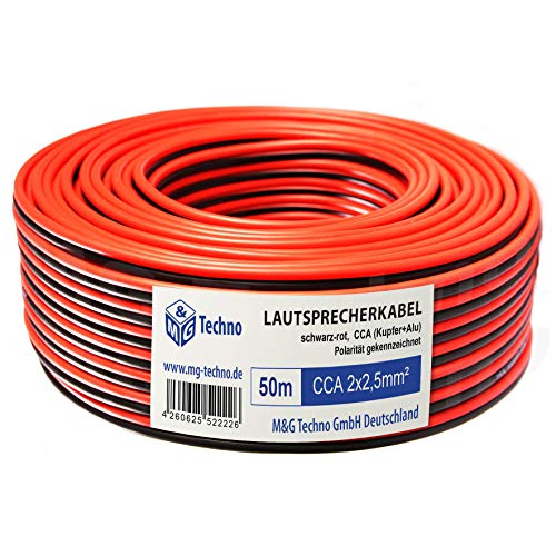 M&G Techno 50m Lautsprecherkabel (Single-Wire) 2 x 2,5mm² CCA (Kupfer+Alu) rund Schwarz-Rot, mit Metermarkierung von M&G Techno