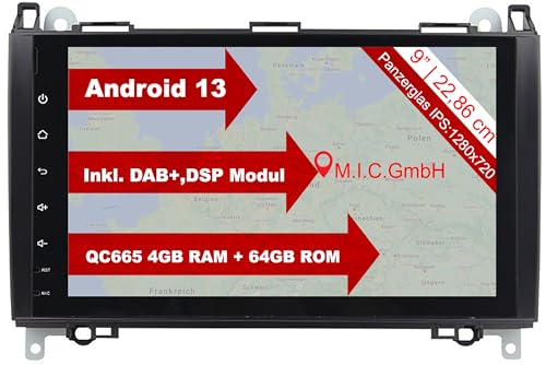 M.I.C. AB9 Android 13 Autoradio mit navi Qualcomm Snapdragon 665 4G+64G Ersatz für Mercedes Benz A-Klasse W169 B-Klasse W245 Viano Vito W639 Sprinter VW Crafter : SIM DAB+ BT 5.0 9" IPS Panzerglas von M.I.C.