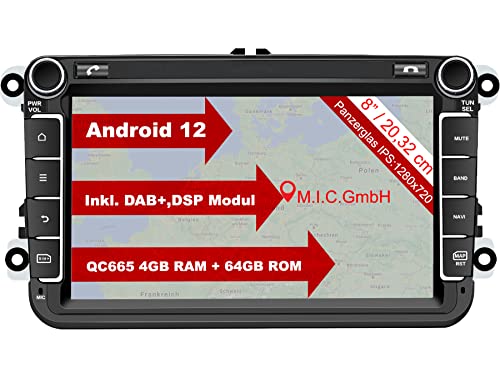 M.I.C. AV8V7 Android 12 Autoradio mit navi Qualcomm Snapdragon 665 4G+64G Ersatz für VW Golf t5 touran Passat RNS RCD Skoda SEAT: SIM DAB Plus Bluetooth 5.0 WiFi 2din 8" IPS Panzerglas Bildschirm USB von M.I.C.