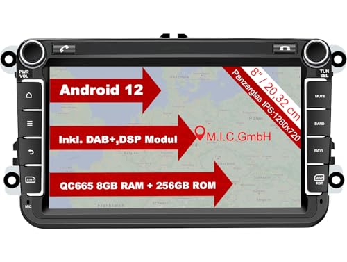 M.I.C. AV8V7-Ultra Android 12 Autoradio mit navi Qualcomm Snapdragon 665 8G+256G Ersatz für VW Golf t5 touran Passat RNS RCD Skoda SEAT: SIM DAB Plus BT 5.0 WiFi 2din 8" IPS Panzerglas Bildschirm USB von M.I.C.