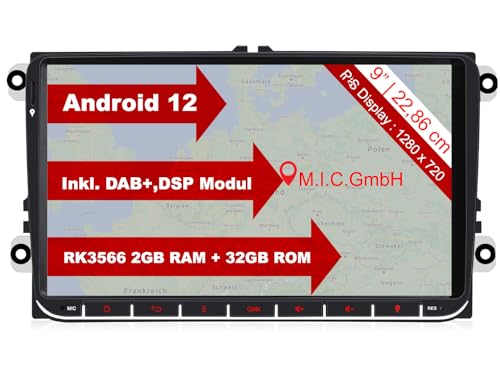 M.I.C. AV9-lite Android 12 Autoradio mit navi Ersatz für VW Golf t5 touran Passat RNS RCD Skoda SEAT: DSP DAB Plus Bluetooth 5.0 WiFi 2 din 9" IPS Bildschirm 2G+32G USB Auto zubehör DE/at/CH von M.I.C.
