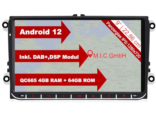 M.I.C. AV9V2 Android 12 Autoradio mit navi Qualcomm Snapdragon 665 4G+64G Ersatz für VW Golf t5 touran Passat RNS RCD Skoda SEAT: SIM DAB Plus Bluetooth 5.0 WiFi 2din 9" IPS Panzerglas Bildschirm USB von M.I.C.