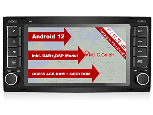 M.I.C. AVT7 Android 12 Autoradio mit navi Qualcomm Snapdragon 665 4G+64G Ersatz für VW T5 multivan Touareg mit RNS 510: SIM DAB Plus Bluetooth 5.0 WiFi 2din 7" IPS Panzerglas Bildschirm USB von M.I.C.