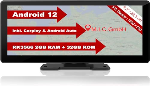 M.I.C. Smart Screen Android 12 Tragbares Autoradio mit RK3566 2G+32G: 9.3" HD Touchscreen Wireless Apple Carplay und Android Auto GPS TF USB Rückfahrkamera Anschluss WLAN Tonausgabe via BT AUX FM von M.I.C.