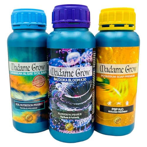 Madame Grow - Kit Dalia - Organische Düngemittel - Fördert das vegetative Wachstum, verstärkt die Blüte und bietet natürliche Abwehr - Caribbean Algae, Bazooka Bloom und Kaliumseife - je 3 x 500 ml von MADAME GROW