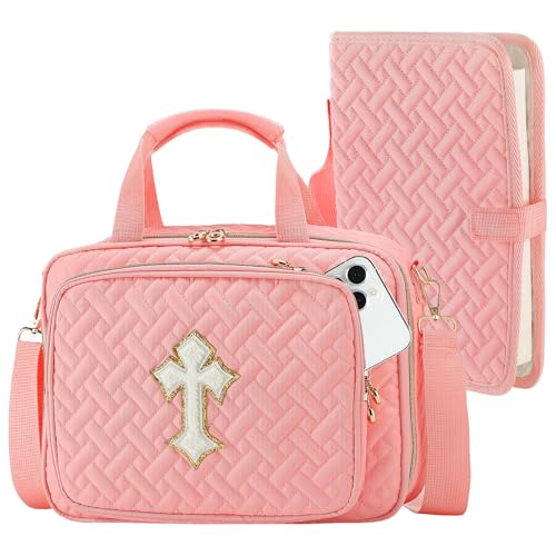 Große Bibelhülle für Frauen – mit separatem Bucheinband, Schultergurt, Stiftfächern, Bibelstudiumsbedarf, Kreuz-Tragetaschen, Tagebuch-Set, christliche Geschenke für Kirche, Damen, Mädchen (Rosa) von MADHOLLY