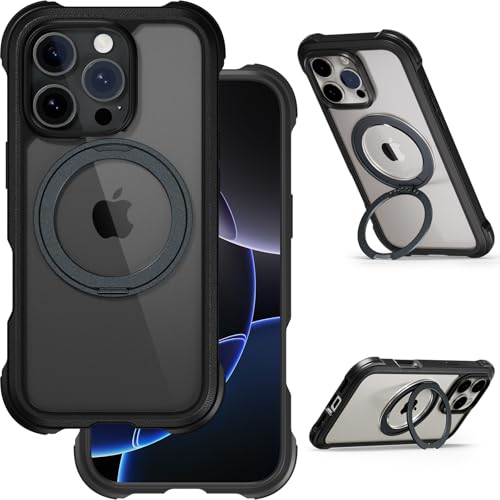 MAGEASY Entworfen für iPhone 16 Pro Hülle mit 360° drehbarem Ständer – 6 m ultimativer Fallschutz, kompatibel mit MagSafe, erstklassiger veganer Lederrahmen | Odyssey Stand M (Leder schwarz) von MAGEASY