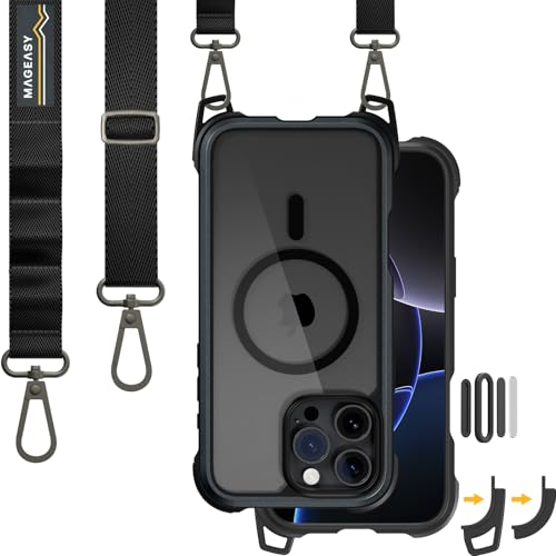 MAGEASY Entworfen für iPhone 16 Pro Max Hülle mit Gurt – [Kamerasteuerungstastenabdeckung] 6 m ultimativer Fallschutz, kompatibel mit MagSafe, Aluminiumrahmen, Odyssey Strap M (Metallschwarz) von MAGEASY