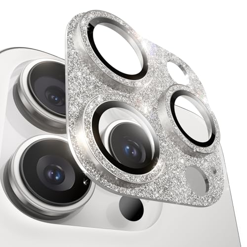 MAGIC JOHN 2 Stück für iPhone 16 Pro/iPhone 16 Pro Max KameraSchutz, Bling Glitzer Individuell 9H Gehärtetes Glas Metallring Abdeckung, HD Klar (Silber) von MAGIC JOHN