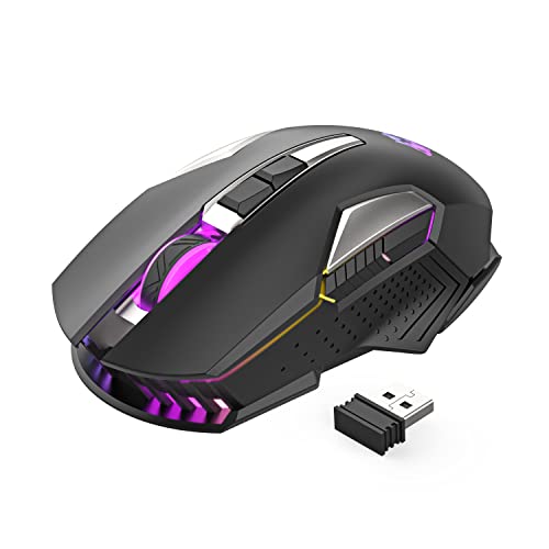 Kabellose Gaming-Maus, 2400 DPI, Seitentaste, USB Empfänger, Atmung RGB-Beleuchtung, 7 Tasten Lautloses Klicken, 2.4 GHz Wiederaufladbar Wireless Mouse, Gaming-Maus für Laptop, PC - Schwarz von MAGIC-REFINER