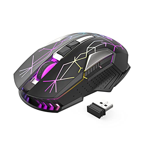 Kabellose Gaming-Maus, 2400 DPI, Seitentaste, USB Empfänger, Atmung RGB-Beleuchtung, 7 Tasten Lautloses Klicken, 2.4 GHz Wiederaufladbar Wireless Mouse, Gaming-Maus für Laptop, PC - Stern Schwarz von MAGIC-REFINER