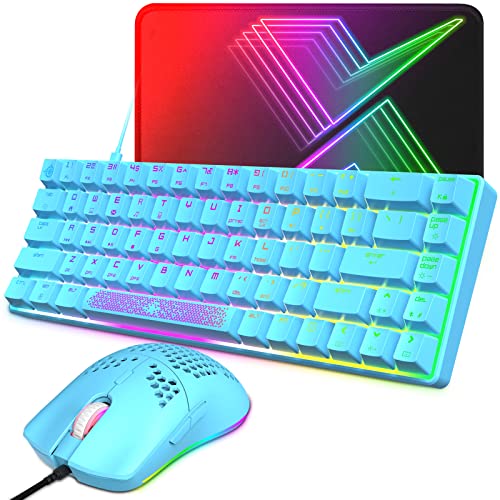 Mechanische Gaming-Tastatur und Maus, 60 % RGB-Technologie, 68 Tasten, blaue Schalter, abnehmbares Typ-C-Kabel, TKL-Tastatur mit zwei magischen Raffiner-Tastenkappen, Wabenmaus, Mauspad (blau) von MAGIC-REFINER