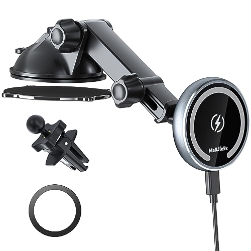 MAGJIEYX für MagSafe Autohalterung Ladegerät,15W Handyhalterung Auto mit Ladefunktion Kabelloses KfZ Halter für iPhone 16/15/14/13/12 Serie, 3 in 1 Lüftung/Dashboard/Windschutzscheibe Handy-Halter von MAGJIEYX